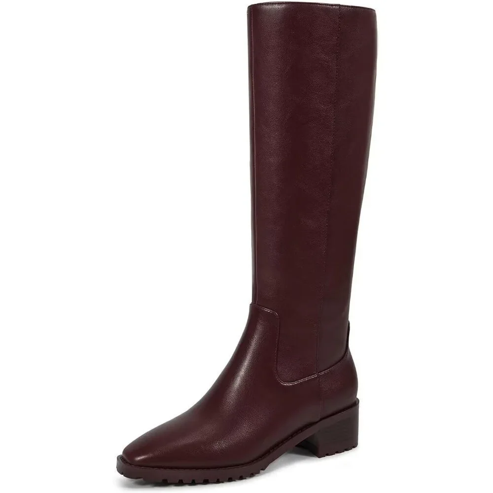 Women Brown Chunky Low Heel Square Toe Elastic Tall Boots Side Zipper PU Lea